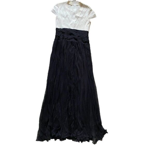 Tadashi Shoji Dress Gown Long Cream Black Silk Bandage 8 Full Length White Maxi